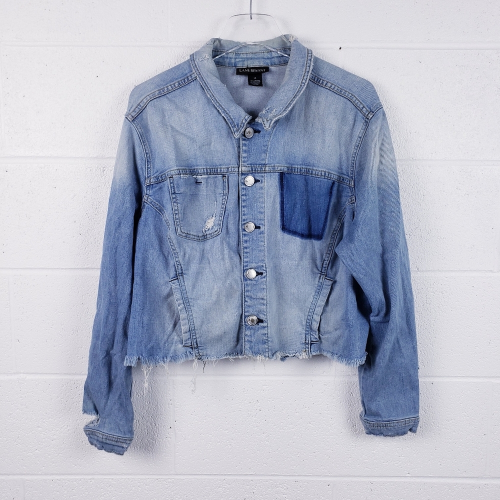 Lane Bryant Jean‎ Jacket Light Wash Raw Hem Cropped Button Front Stretch Size 14